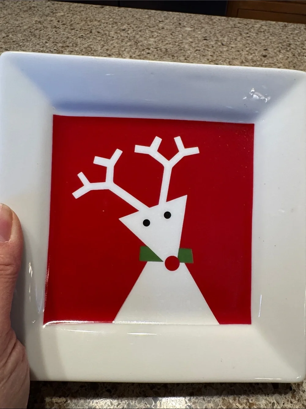 Crate & Barrel Red and White Reindeer Holiday Square Appetizer Plate 6”